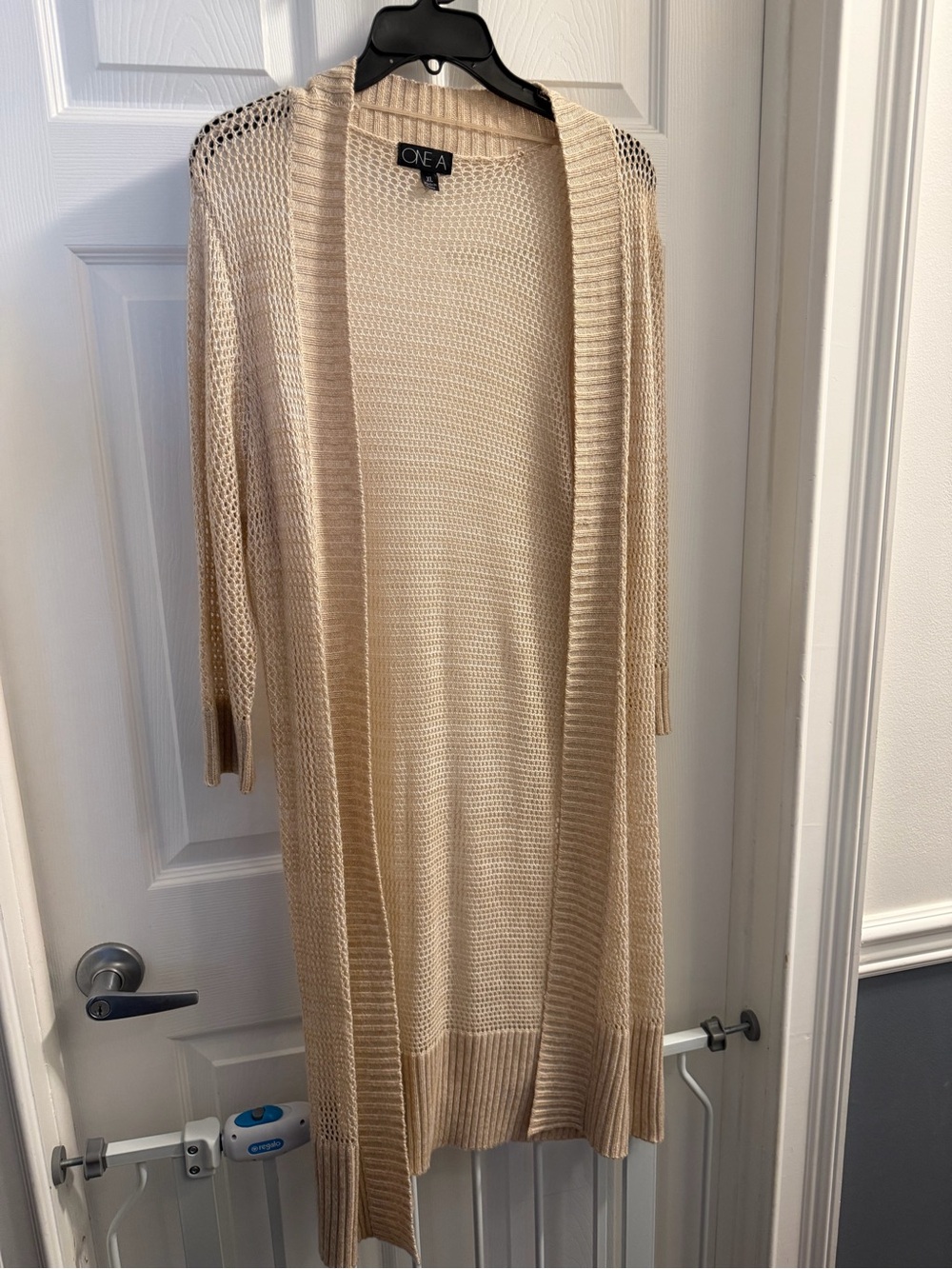 ONE A Light Beige Open-Front Long Knit Cardigan